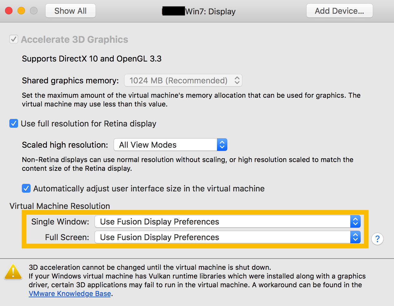 Display Preferences for a single VM - VMware Fusion